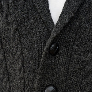 Men's Aran Shawl Neck Merino Cardigan, Charcoal Studio Creative Irish Gift