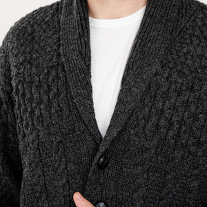 Men's Aran Shawl Neck Merino Cardigan, Charcoal Creative Irish Gift