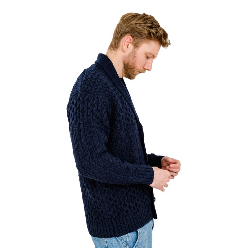 Men's Aran Shawl Neck Merino Cardigan, Navy Side View Creative Irish Gift