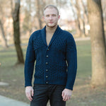 Men's Aran Shawl Neck Merino Cardigan, Navy Lifestyle Creative Irish Gift