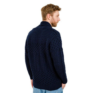 Men's Aran Shawl Neck Merino Cardigan, Navy Creative Irish Gift