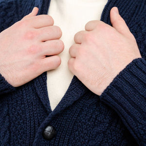 Men's Aran Shawl Neck Merino Cardigan, Navy Studio Creative Irish Gift