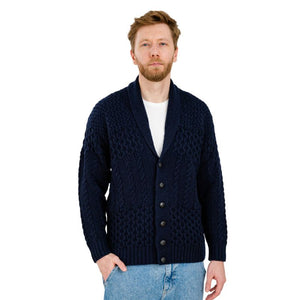 Men's Aran Shawl Neck Merino Cardigan, Navy Front View Creative Irish Gift