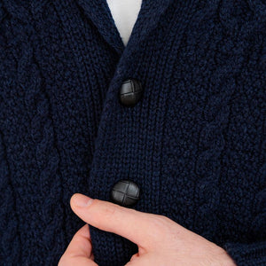 Men's Aran Shawl Neck Merino Cardigan, Navy Creative Irish Gift
