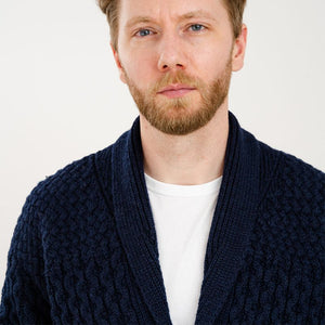 Men's Aran Shawl Neck Merino Cardigan, Navy Creative Irish Gift