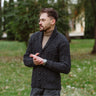Men's Aran Shawl Neck Merino Cardigan, Anthracite Lifestyle Creative Irish Gift