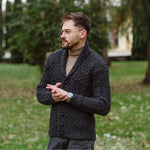 Men's Aran Shawl Neck Merino Cardigan, Anthracite Lifestyle Creative Irish Gift