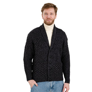 Men's Aran Shawl Neck Merino Cardigan, Anthracite Front View Creative Irish Gift