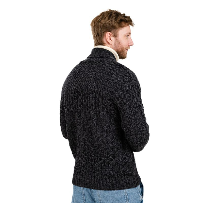 Men's Aran Shawl Neck Merino Cardigan, Anthracite Back View Creative Irish Gift