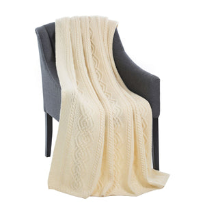 Aran Cable Knit Merino Wool Throw Blanket White studio Creative Irish Gift