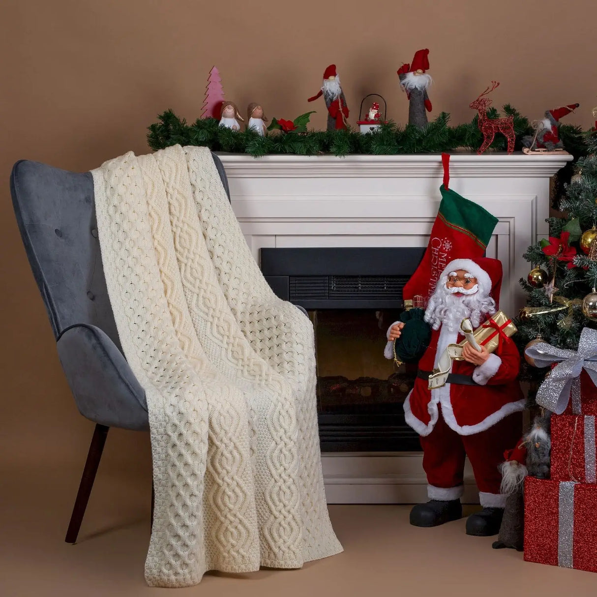 MT101-100-OS Aran Knit Honeycomb Throw Blanket Cream Creative Irish Gifts