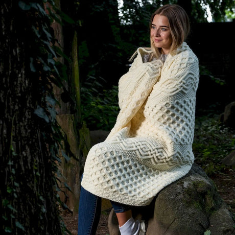 MT101-100-OS Aran Knit Honeycomb Throw Blanket Cream Lifestyle View Creative Irish Gifts