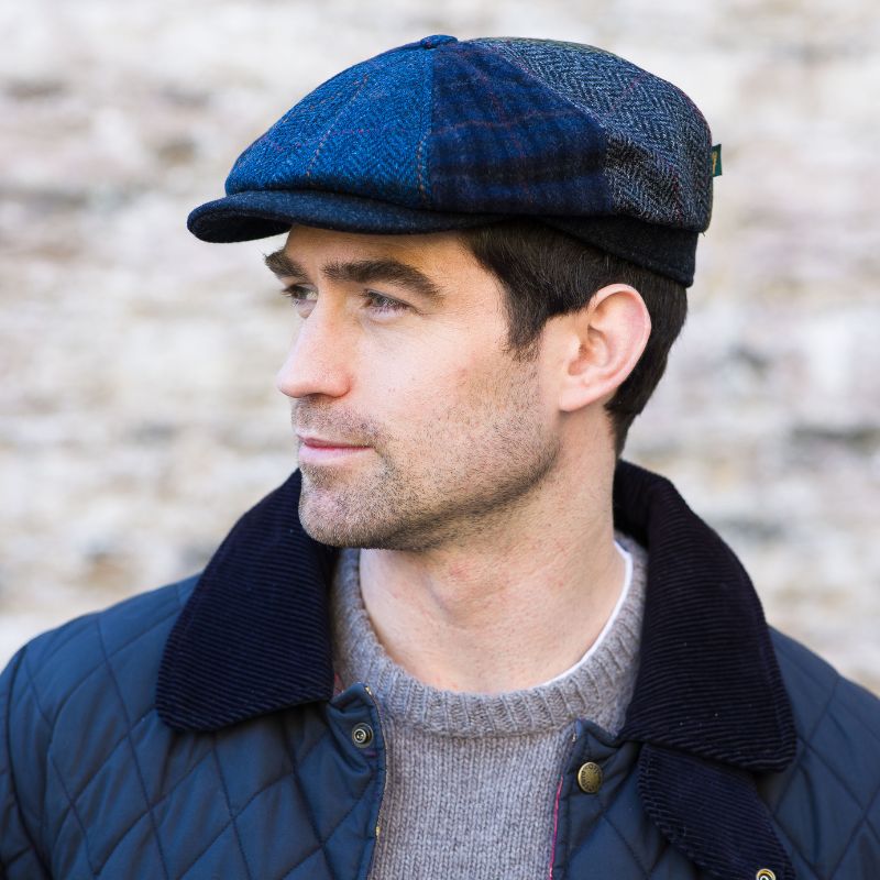  Herringbone Tweed Flat Cap Blue Patch Side Creative Irish Gifts