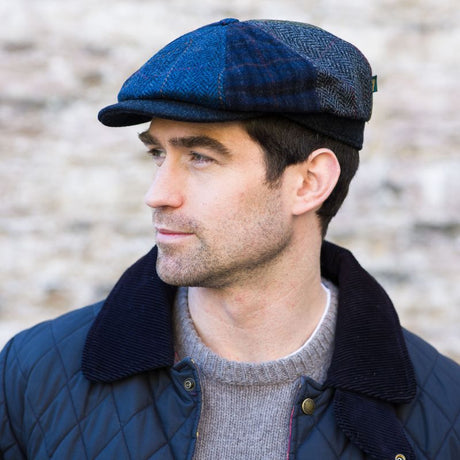  Herringbone Tweed Flat Cap Blue Patch Side Creative Irish Gifts