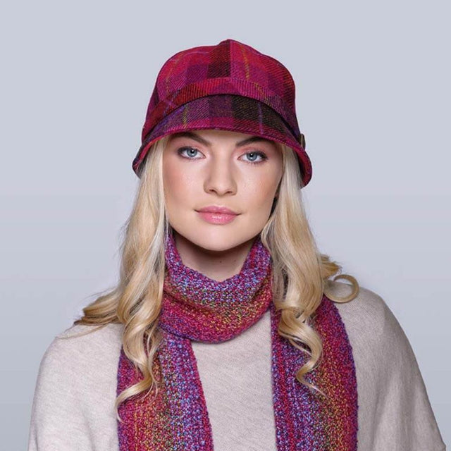 Ladies Wool Tweed Flapper Cap in Tartan Pink Creative Irish Gift