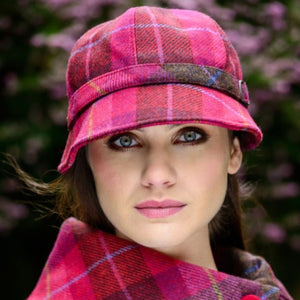 Ladies Wool Tweed Flapper Cap in Tartan Pink front Creative Irish Gift