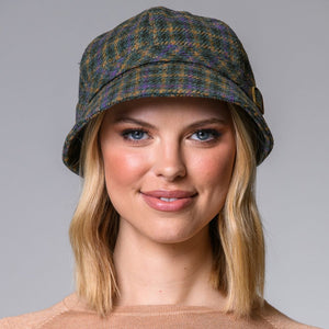 Ladies Wool Tweed Flapper Cap in Tartan Dark Blue Green Creative Irish Gift