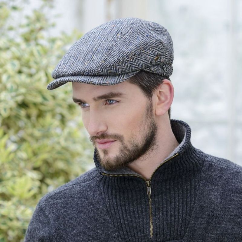 Men's Tweed Irish Kerry Cap, Grey  Herringbone Lifestyle side view  Creative Irish Gifts