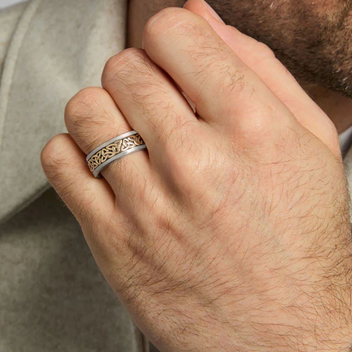 Men's Celtic Trinity Ring- Silver and 10K Gold Lifestyle Front View Creative Irish Gifts