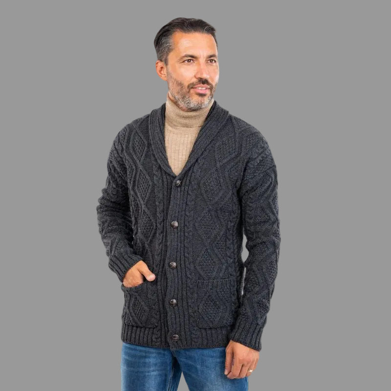 Men's Traditional Aran Cardigan with Shawl Collar Charcoal Creative Irish Gift
