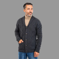 Men's Traditional Aran Cardigan with Shawl Collar Charcoal Creative Irish Gift