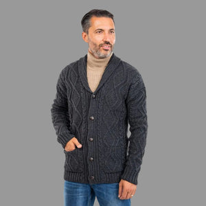 Men's Traditional Aran Cardigan with Shawl Collar Charcoal Creative Irish Gift