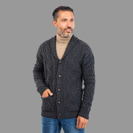 Men's Traditional Aran Cardigan with Shawl Collar Charcoal Creative Irish Gift
