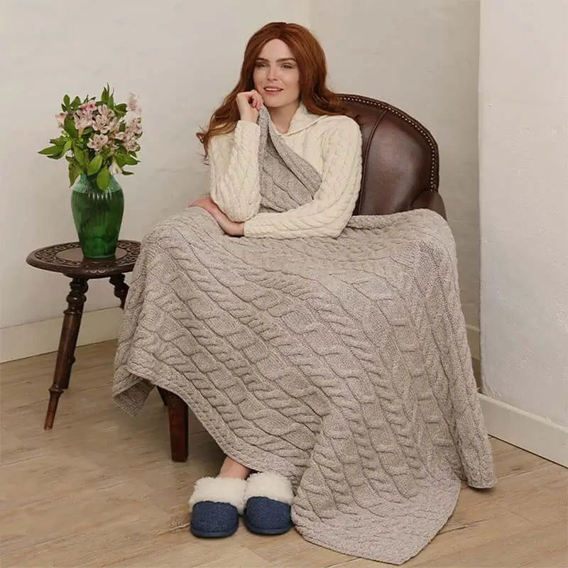 OG702 SuperSoft Merino Cable Knit Aran Blanket, Oatmeal Lifestyle-Creative Irish Gifts