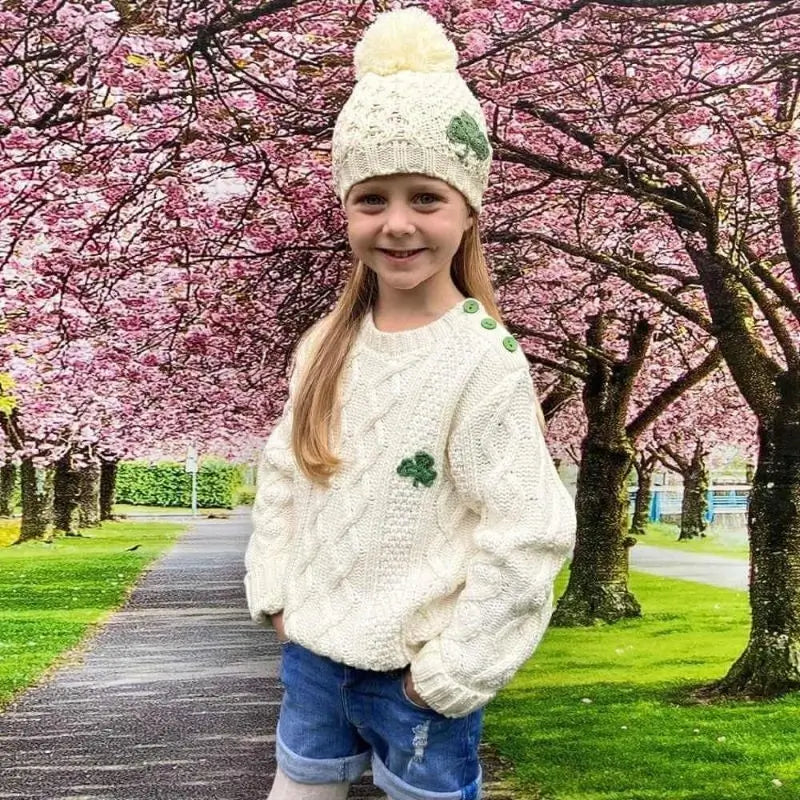 PF7319 Aran Cable Knit Shamrock Kids Beanie Lifestyle Creative Irish gift