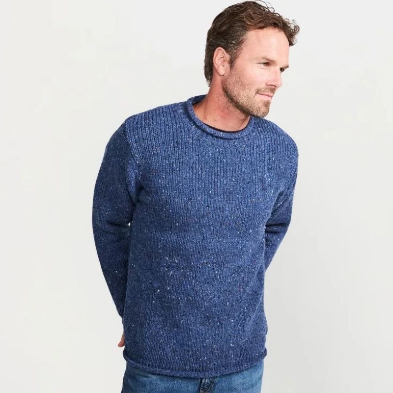  Men's Donegal Tweed Roll Neck Aran Sweater Blue Creative Irish Gifts.com