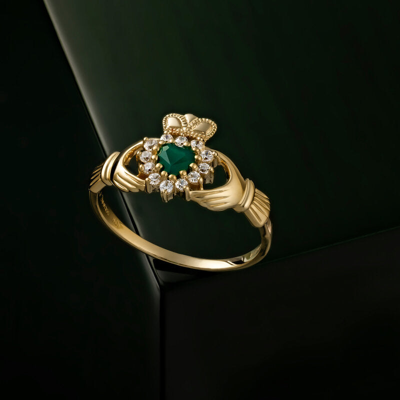 10K Gold Green Agate & CZ Claddagh Ring - Creative Irish Gifts