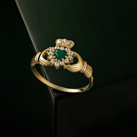 10K Gold Green Agate & CZ Claddagh Ring - Creative Irish Gifts