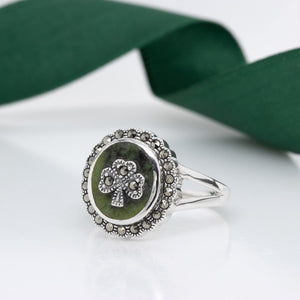 Sterling Silver Marcasite Shamrock Marble Ring - Creative Irish Gifts