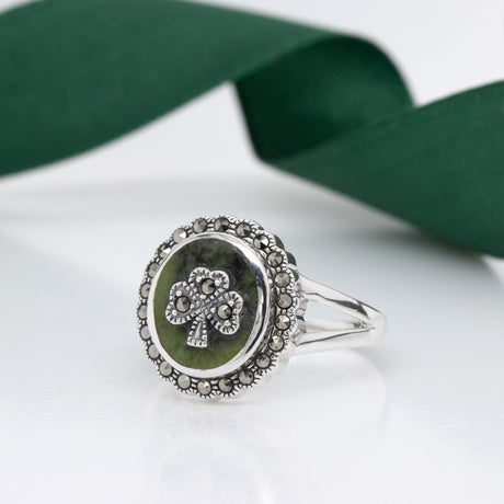 Sterling Silver Marcasite Shamrock Marble Ring - Creative Irish Gifts