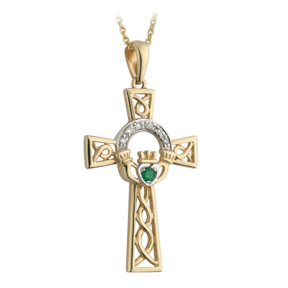 S44515 14K Gold Celtic Cross Claddagh Diamond Necklace Creative Irish Gifts
