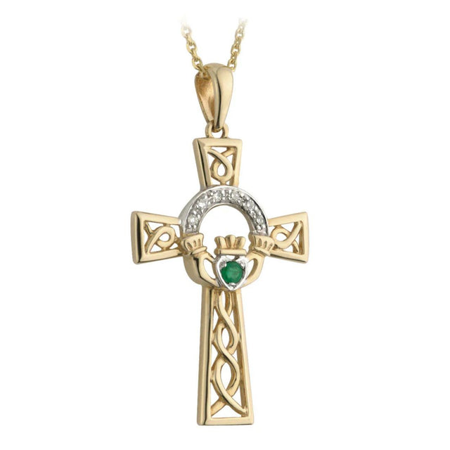 S44515 14K Gold Celtic Cross Claddagh Diamond Necklace Creative Irish Gifts
