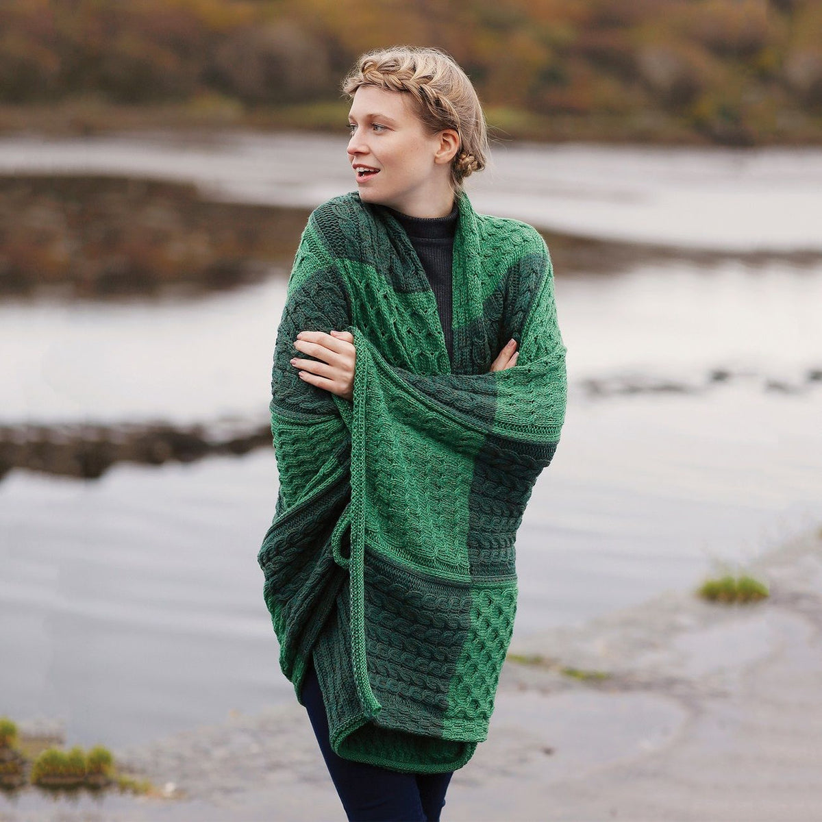 Aran Patchwork Merino Wool Throw, Green | Fast US Shipping