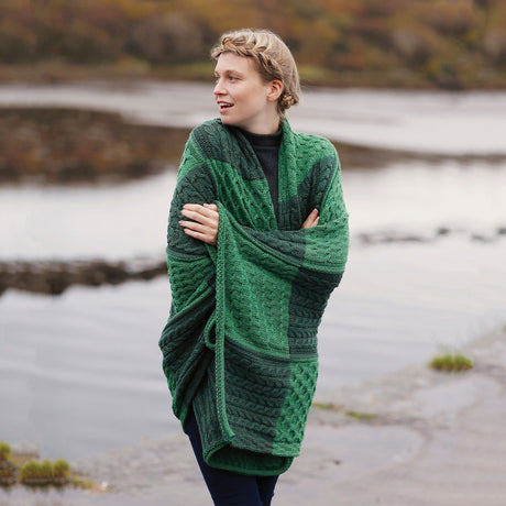 SA935-406-OS Aran Patchwork Merino Wool Throw, Green Creative Irish gift