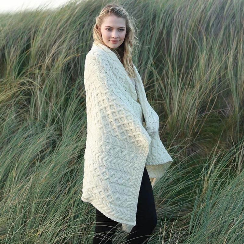 Merino Wool Aran Knit Throw Blanket White Creative Irish Gift