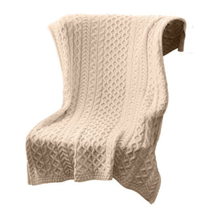 Merino Wool Aran Knit Throw Blanket White Creative Irish Gift