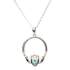 SP91AQ Silver Claddagh Pendant, Aquamarine March Birthstone Creative Irish Gifts
