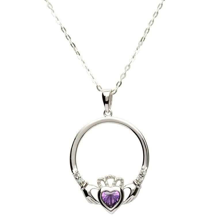 SP91AY Silver Claddagh Pendant, Amethyst February Birthstone Creative Irish Gifts
