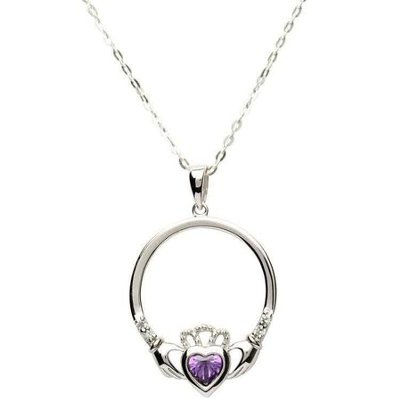 SP91AY Silver Claddagh Pendant, Amethyst February Birthstone Creative Irish Gifts

