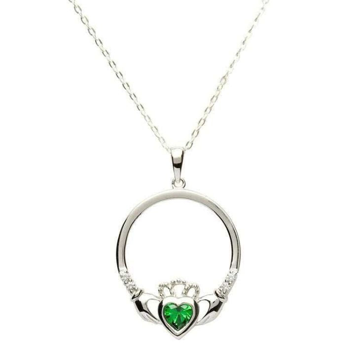 SP91GR Silver Claddagh Pendant, Emerald May Birthstone Creative Irish Gifts
