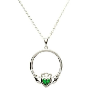 SP91GR Silver Claddagh Pendant, Emerald May Birthstone Creative Irish Gifts
