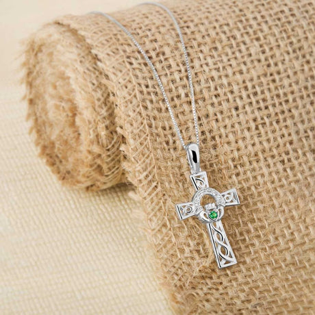 Silver Green Crystal Claddagh Cross Necklace  Creative Irish Gifts