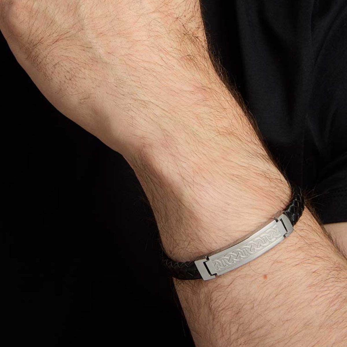 Steel and Black Leather Celtic Knot Bracelet - Creative Irish Gifts