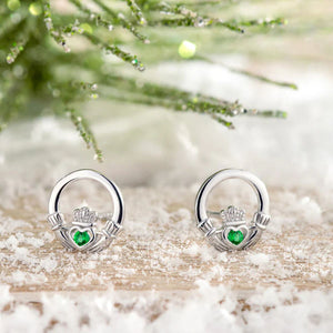 Silver Green Crystal Claddagh Stud Earrings Front View Creative Irish Gifts