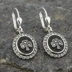 Sterling Silver Marble & Marcasite Shamrock Drop Earrings - Creative Irish Gifts
