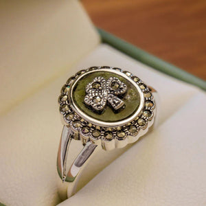 Sterling Silver Marcasite Shamrock Marble Ring - Creative Irish Gifts